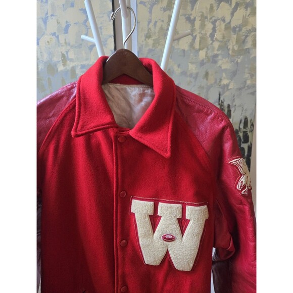 Vintage Men's Sz Large Red Varsity Letterman Leather Sleeves Bomber Jacket Coat - Picture 2 of 16